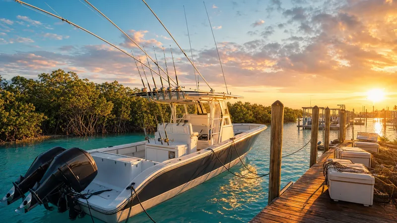 A center-console fishing boat at a mangrove-lined marina at sunrise, How to Start a Boat or Jet Ski Rental Business in Florida