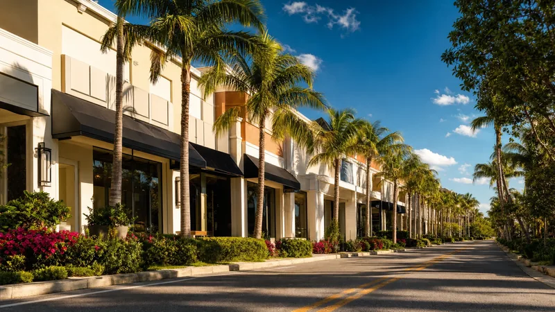 A palm-lined South Florida commercial street with modern storefronts, Broward County Business License