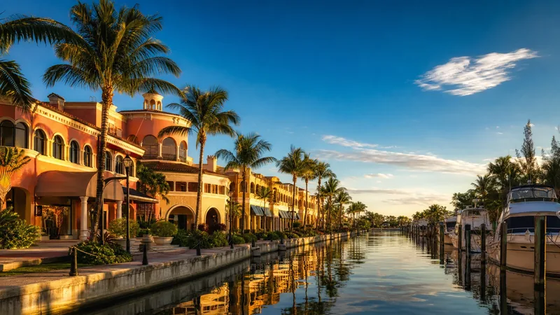 A Southwest Florida shopping street with palms and a canal, Manatee County Business License