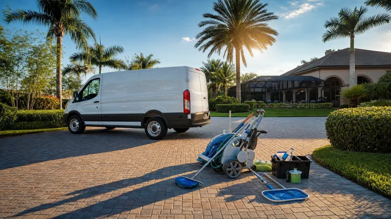 A service van outside a Florida home with palms and a pool cage, How to Become a Pool Contractor in Florida